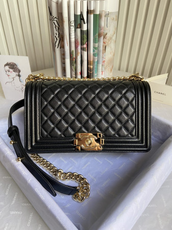 BOY Ch*el HANDBAG Shiny Grained Calfskin & Gold-Tone Metal Black 5.9 × 9.8 × 3.5 in