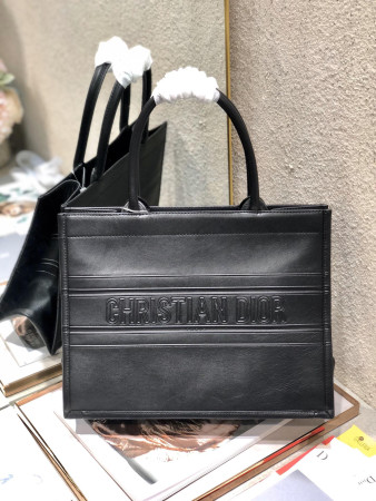 Calfskin Embossed Medium D*0r Book Tote Black 14 x 11 x 6.5 inches