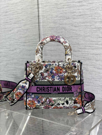 Medium Lady D*0r Bag  White Multicolor D*0r 4 Saisons Été Embroidery 24 x 20 x 12 cm