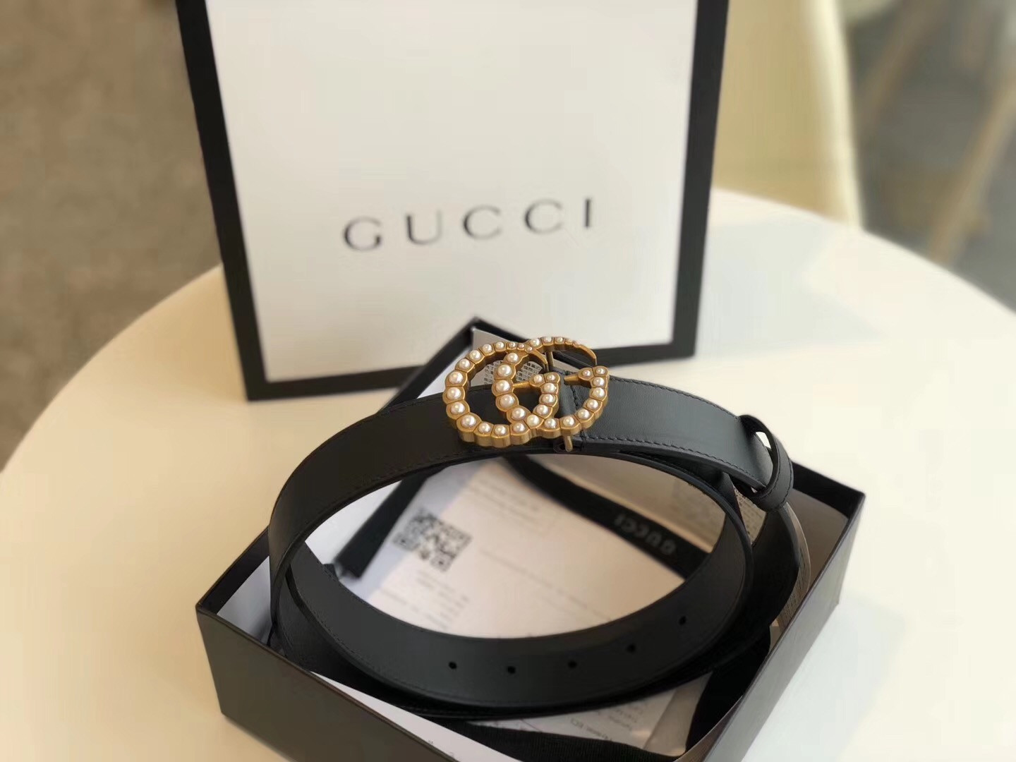 G*u*i Leather belt with pearl Double G women belt