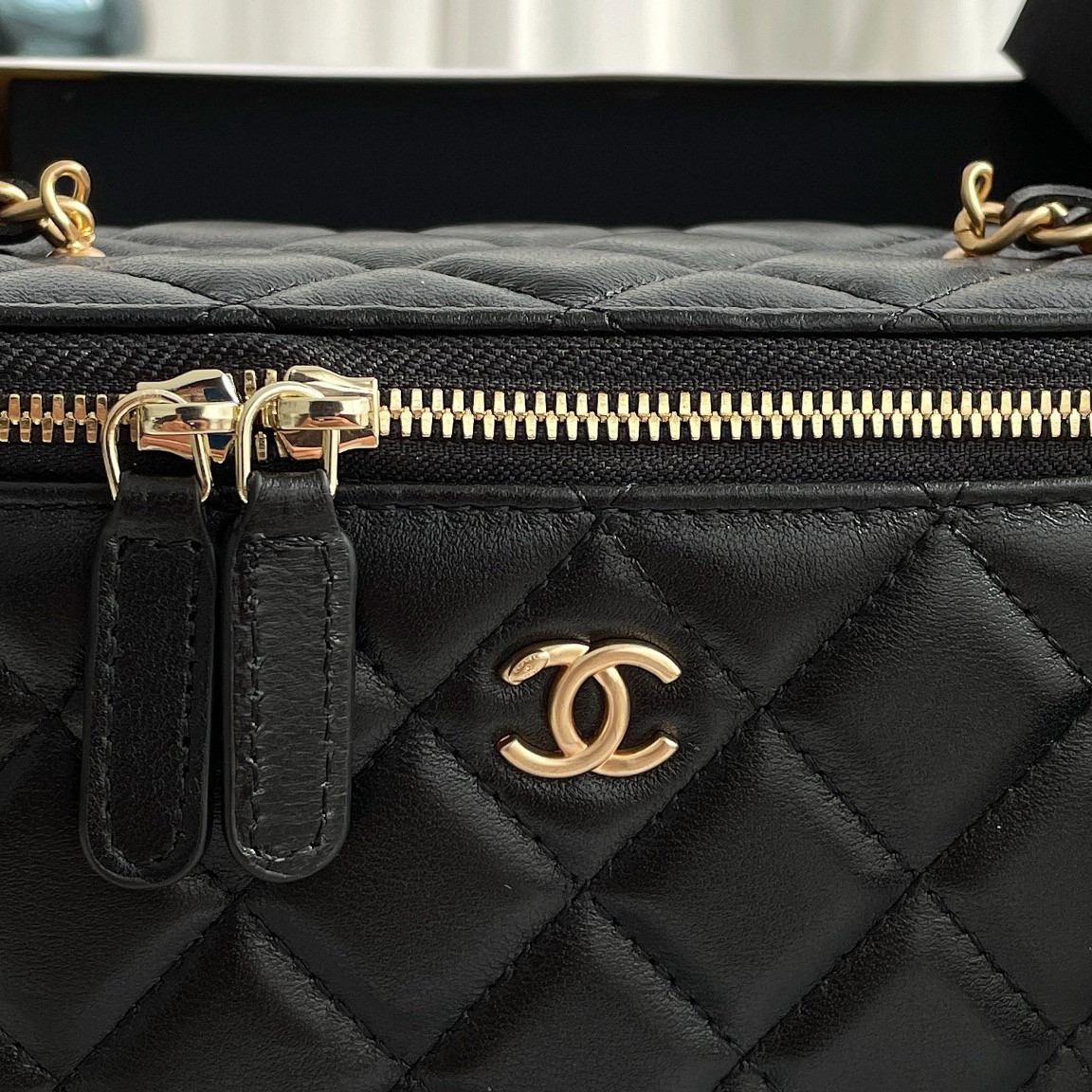 Ch*el Walnut Gold Ball Chain with Makeup Mirror Lamb Leather Square Box Shoulder Bag Women