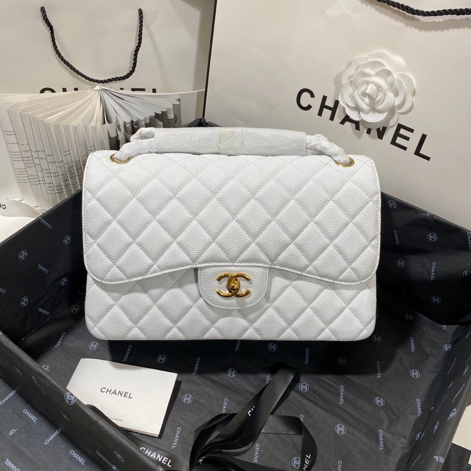 Ch*el Classic Flap Jumbo 30cm CF White Gold 7.6 × 11.7 × 3.9 in