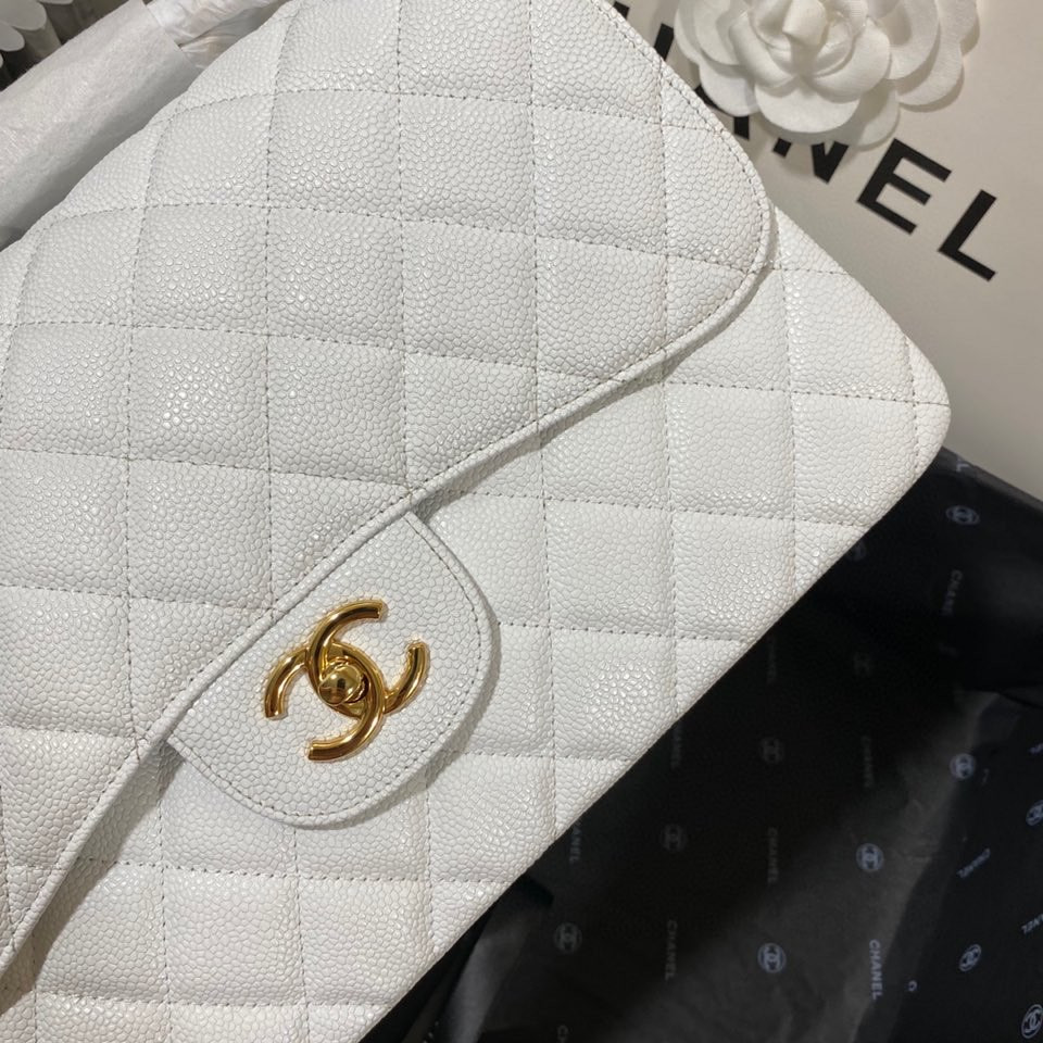 Ch*el Classic Flap Jumbo 30cm CF White Gold 7.6 × 11.7 × 3.9 in