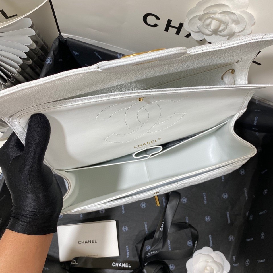Ch*el Classic Flap Jumbo 30cm CF White Gold 7.6 × 11.7 × 3.9 in