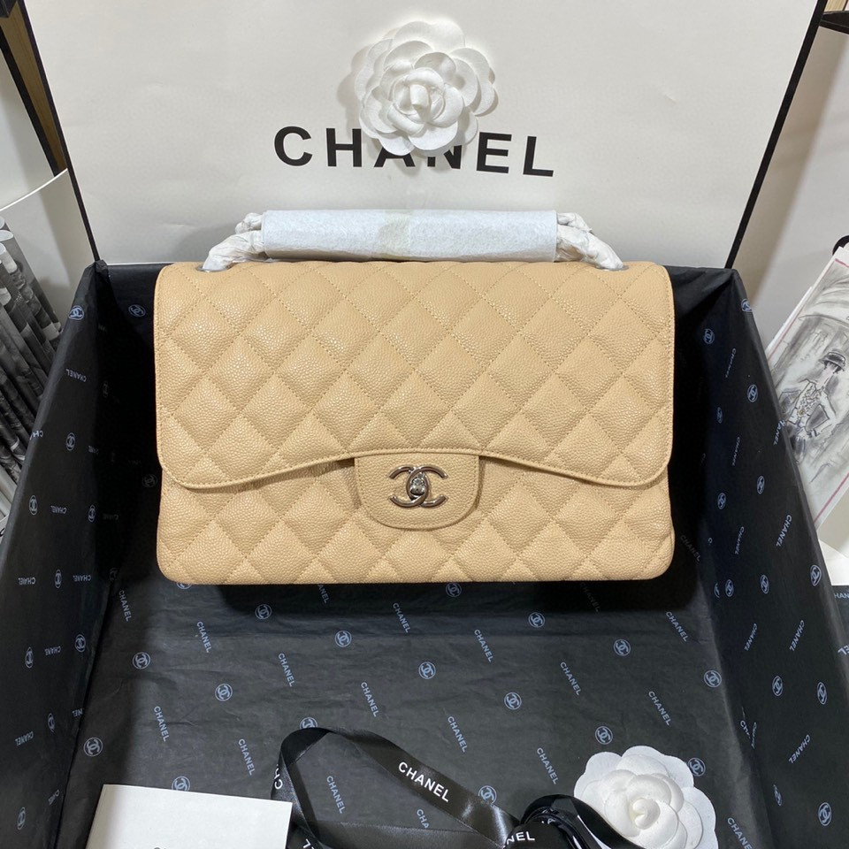 Ch*el Classic Flap Jumbo 30cm CF Khaki Silver 7.6 × 11.7 × 3.9 in