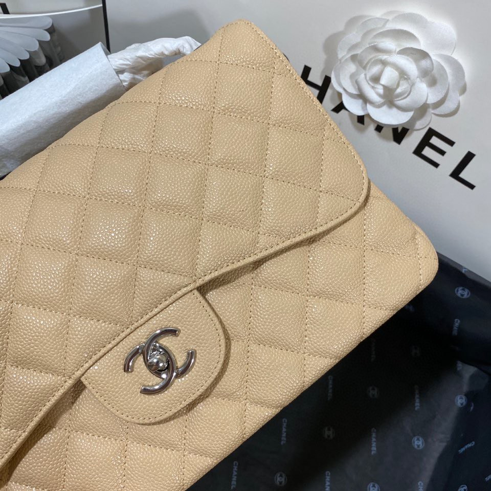 Ch*el Classic Flap Jumbo 30cm CF Khaki Silver 7.6 × 11.7 × 3.9 in