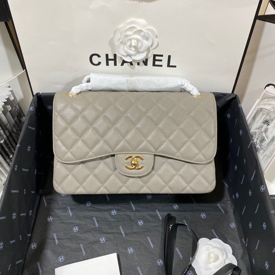 Ch*el Classic Flap Jumbo 30cm CF Grey Gold 7.6 × 11.7 × 3.9 in