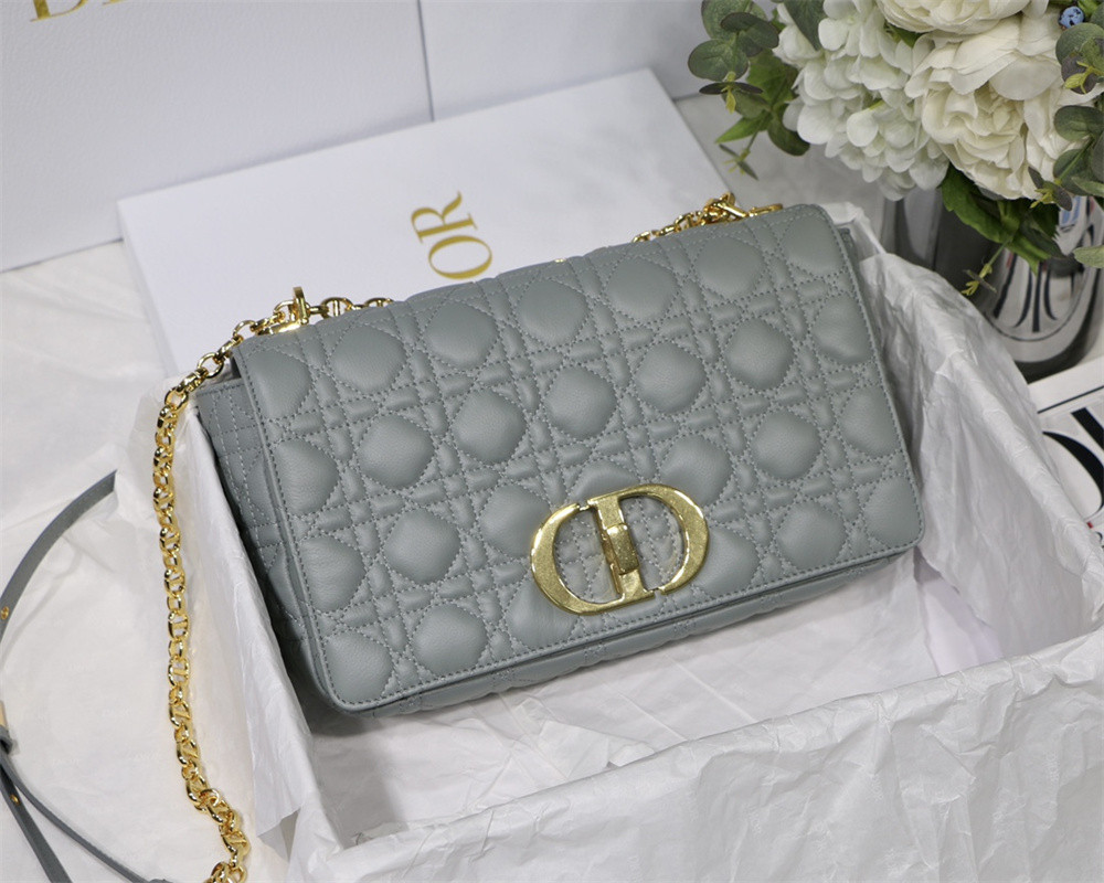 LARGE D*0r CARO BAG Stone Gray S*pple Cannage Calfskin 29 x 18 x 10 cm