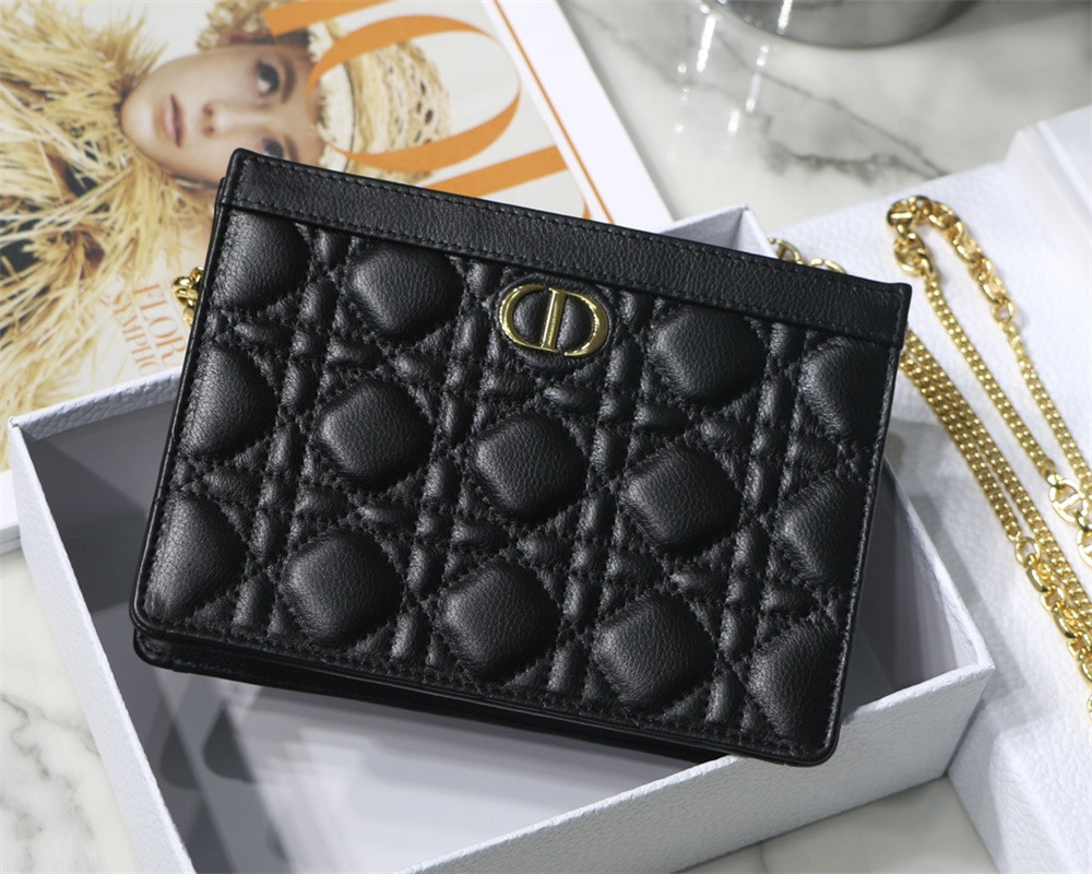 D*0r CARO ZIPPED POUCH WITH CHAIN Black S*pple Cannage Calfskin 19 x 14 x 4.5 cm