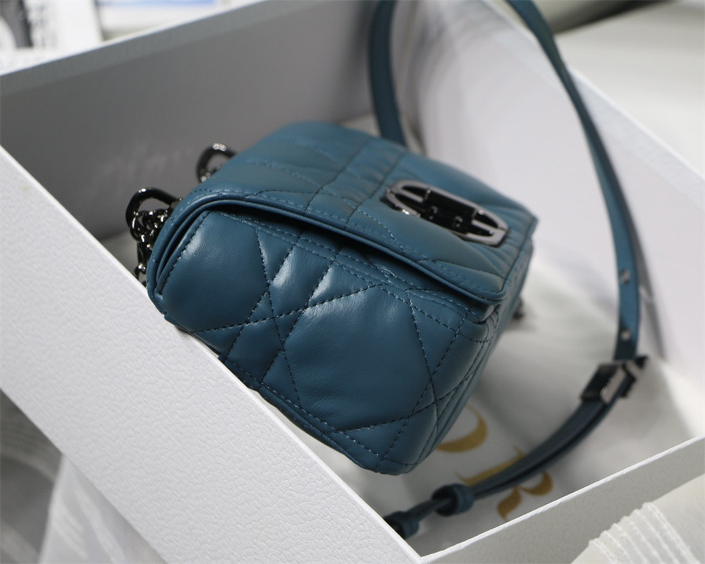 SMALL D*0r CARO BAG Navy S*pple Cannage Calfskin With Silver Hardware 20 x 12 x 7 cm