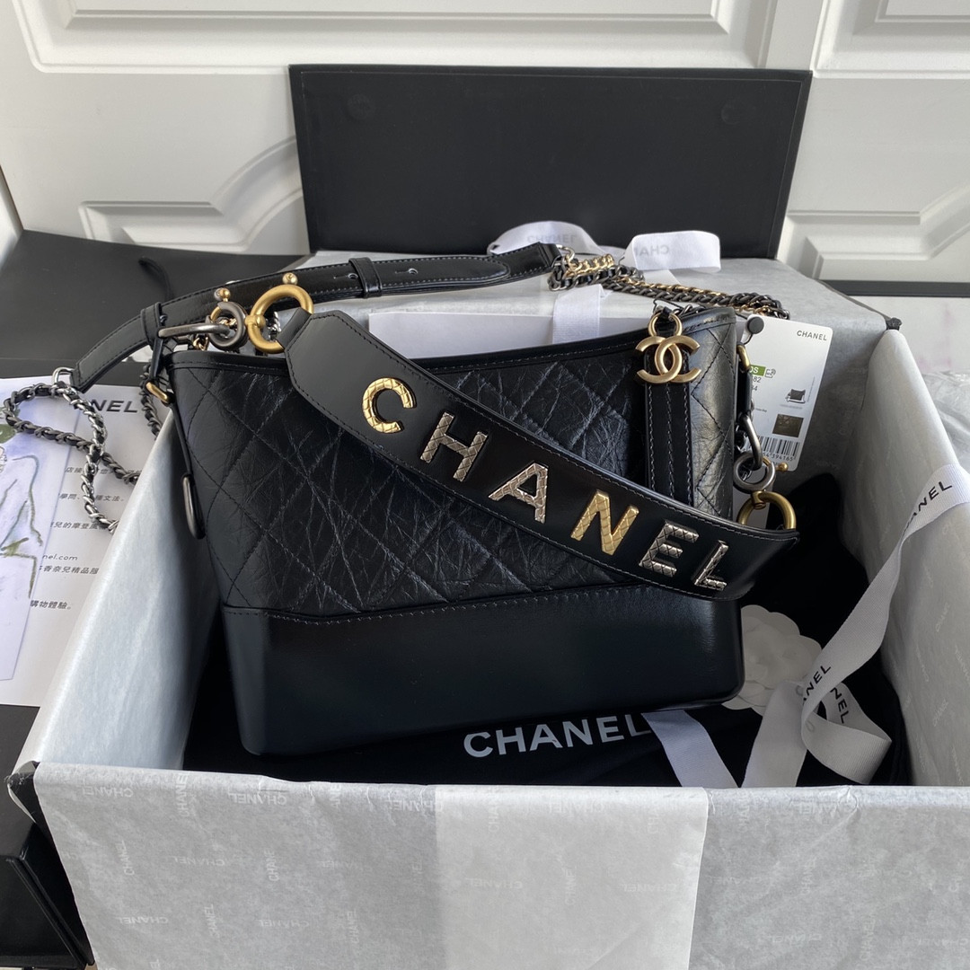 Ch*el Gabrielle MEDIUM BLACK with shoulder strap letters 21 x 28 x 10cm