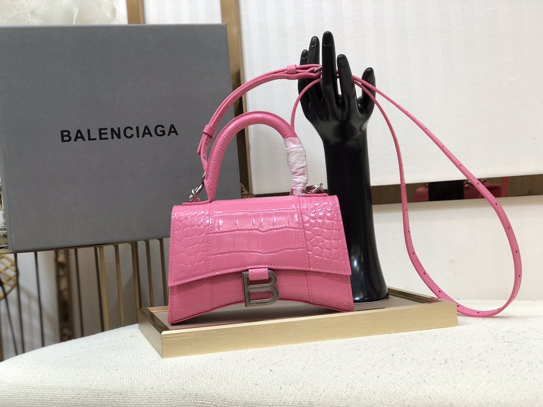 Ba*len*cia*ga WOMEN'S HOURGLASS MINI HANDBAG CROCODILE EMBOSSED IN DARK PINK L7.4 x H5.1 x W3.1 inch
