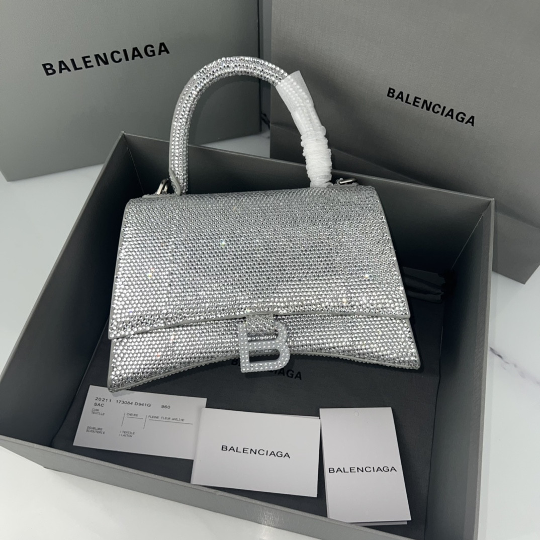Ba*len*cia*ga WOMEN'S HOURGLASS SMALL HANDBAG WITH RHINESTONES SILVER L9 x H5.5 x W3.9 inch