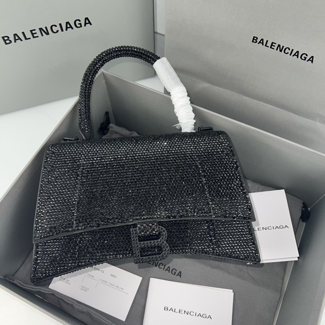 Ba*len*cia*ga WOMEN'S HOURGLASS SMALL HANDBAG WITH RHINESTONES BLACK L9 x H5.5 x W3.9 inch