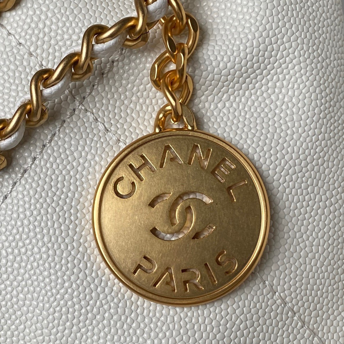 Ch*el 22 mini handbag grained leather white 7.8 × 7.4 × 2.3 in