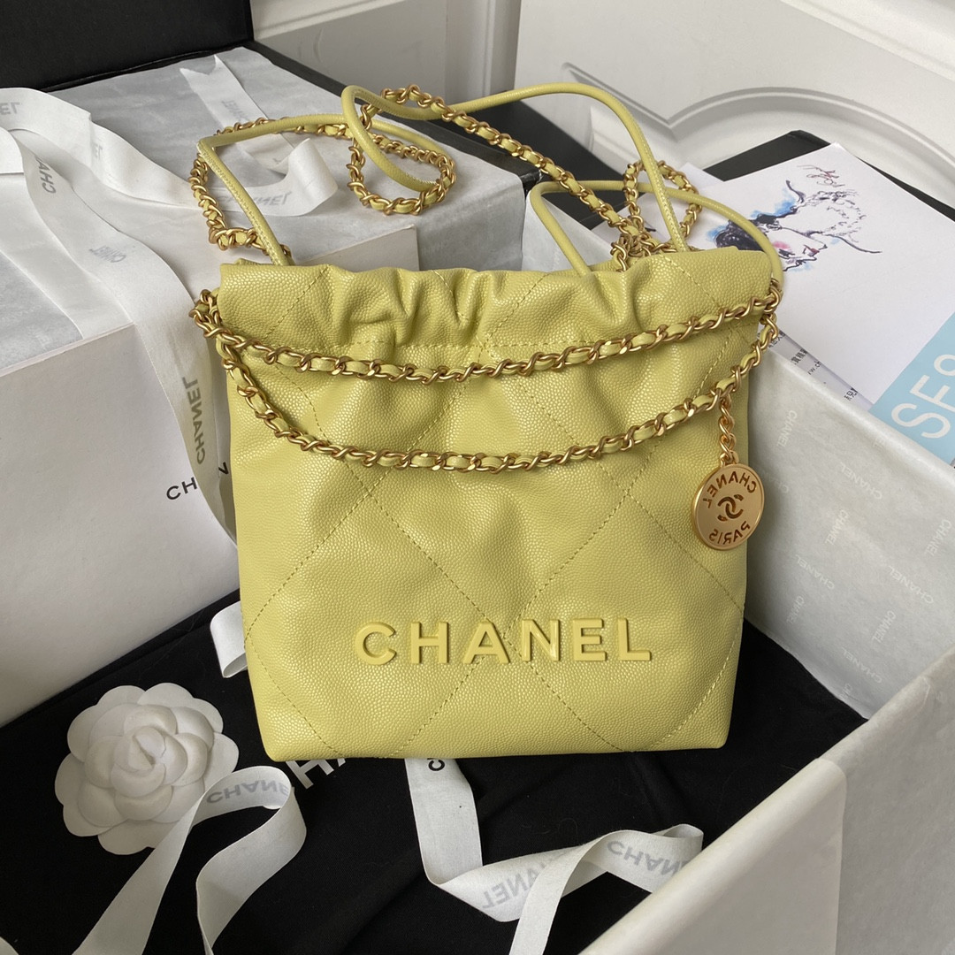 Ch*el 22 MINI HANDBAG GRAINED LEATHER YELLOW 7.8 × 7.4 × 2.3 in