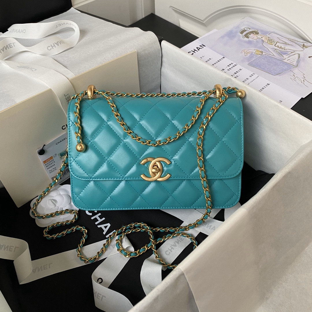 Ch*el FLAP BAG BLUE 22×14.5×8cm