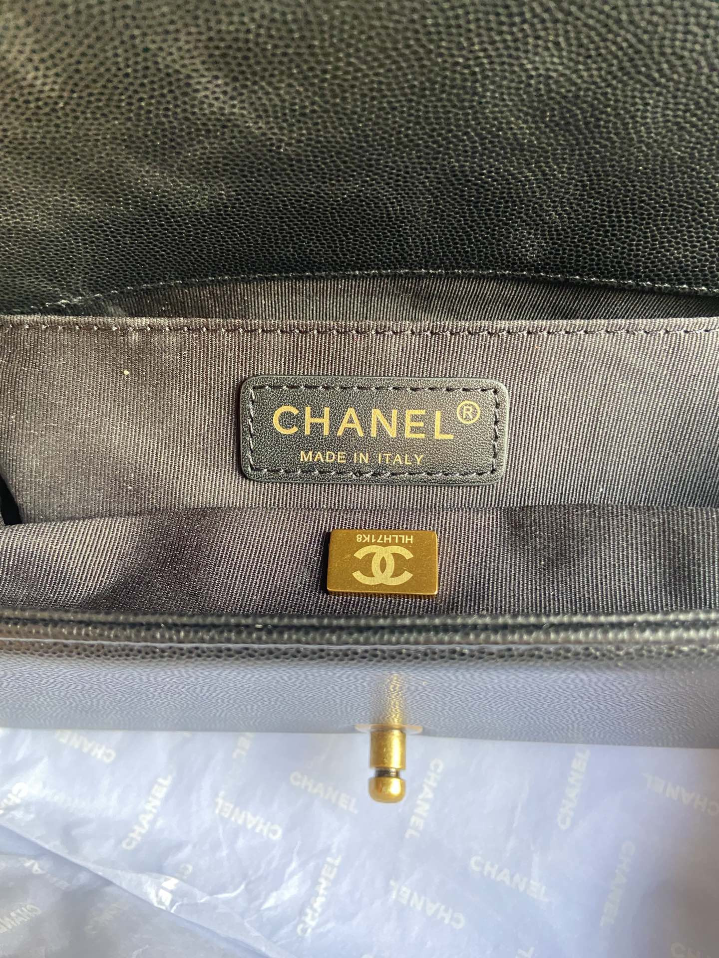 BOY Ch*el HANDBAG Shiny Grained Calfskin Black 5.9 × 9.8 × 3.5 in