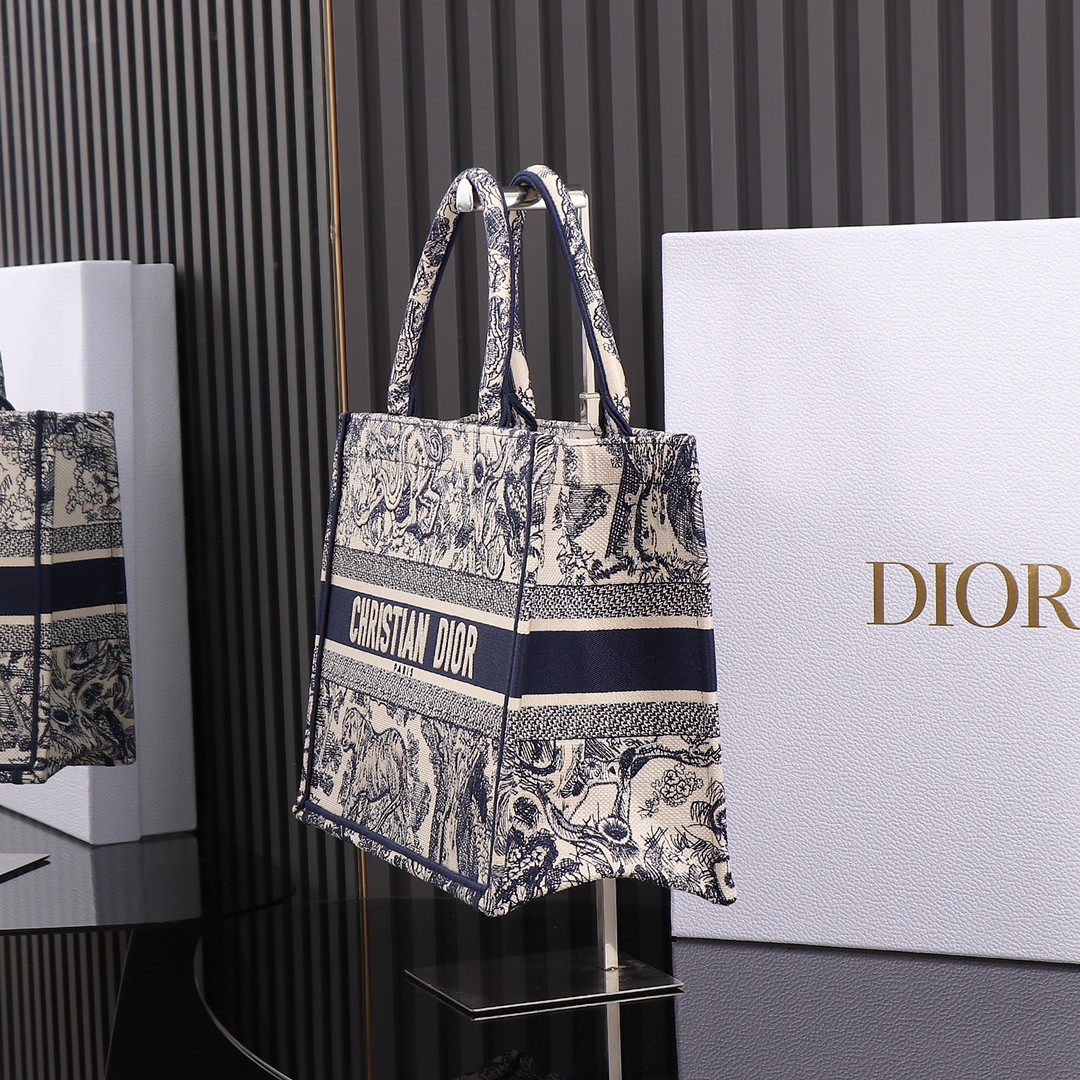 Medium D*0r Book Tote  Ecru and Blue Toile de Jouy Embroidery 14 x 11 x 6.5 inches