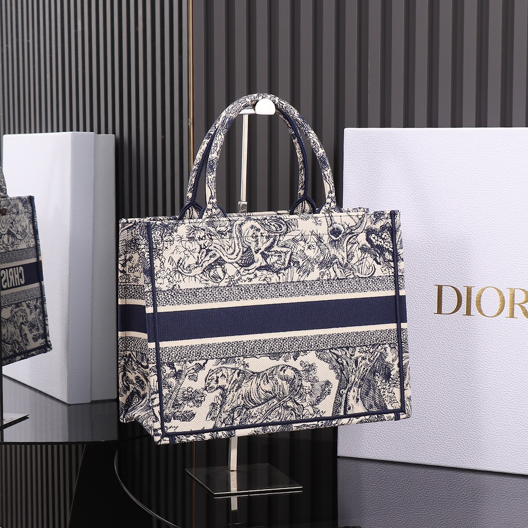 Medium D*0r Book Tote  Ecru and Blue Toile de Jouy Embroidery 14 x 11 x 6.5 inches
