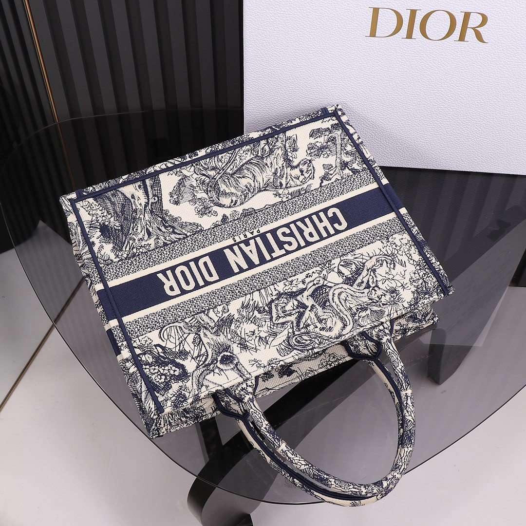 Medium D*0r Book Tote  Ecru and Blue Toile de Jouy Embroidery 14 x 11 x 6.5 inches