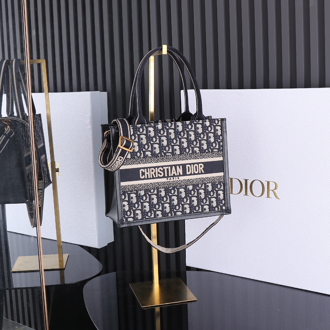 Small D*0r Book Tote Blue D*0r Oblique Embroidery and Calfskin 10.5 x 8.5 x 5.5 inches