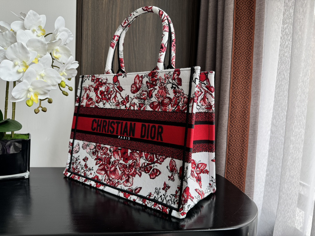 Medium D*0r Book Tote White and Red Le Cœur des Papillons Embroidery 14 x 11 x 6.5 inches