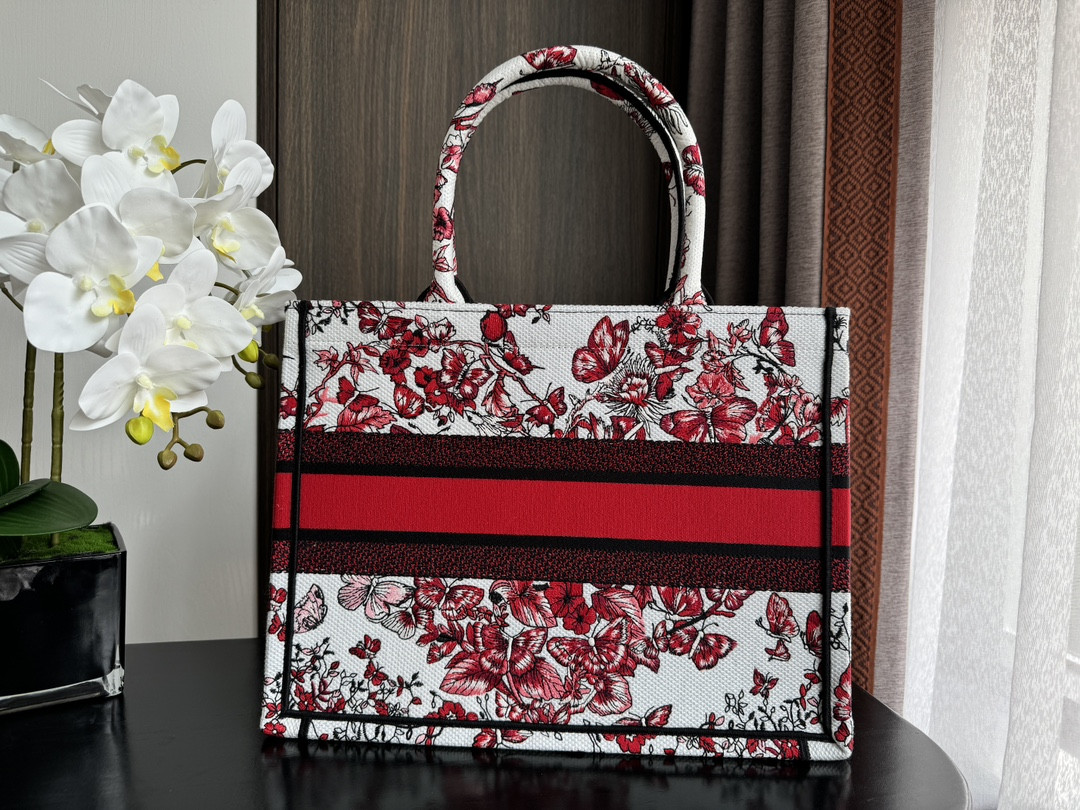 Medium D*0r Book Tote White and Red Le Cœur des Papillons Embroidery 14 x 11 x 6.5 inches