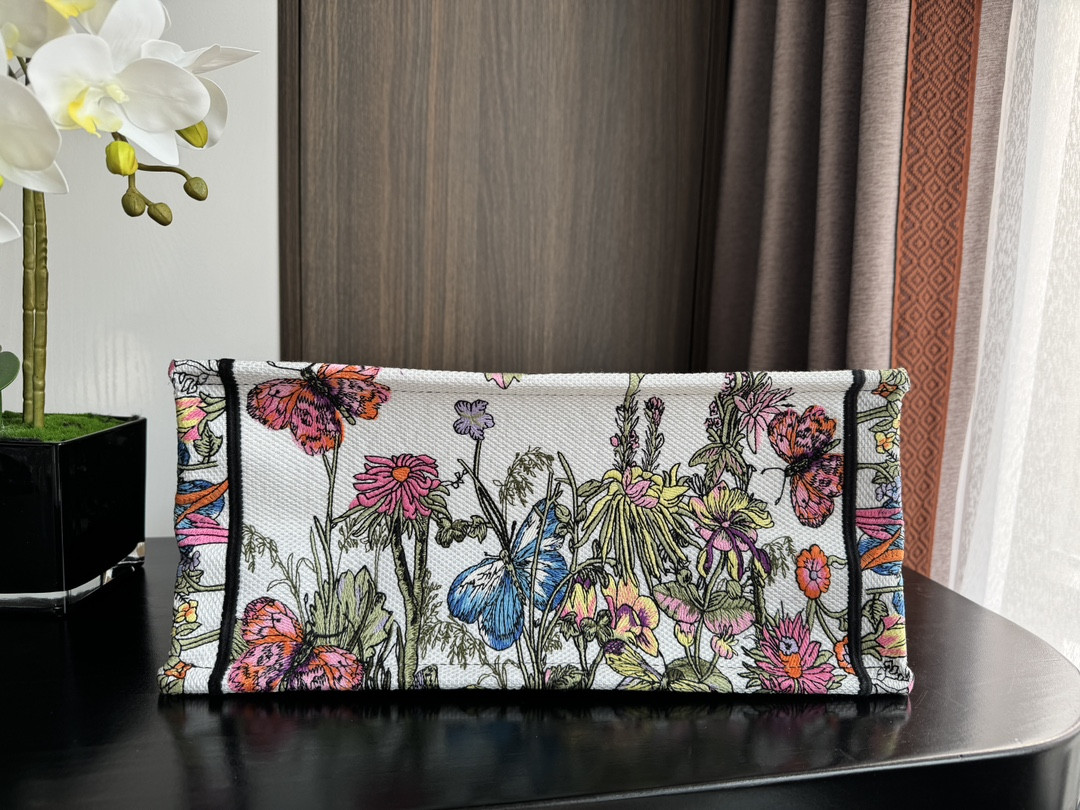 Medium D*0r Book Tote  White Multicolor Mexico Millefiori Embroidery 14 x 11 x 6.5 inches