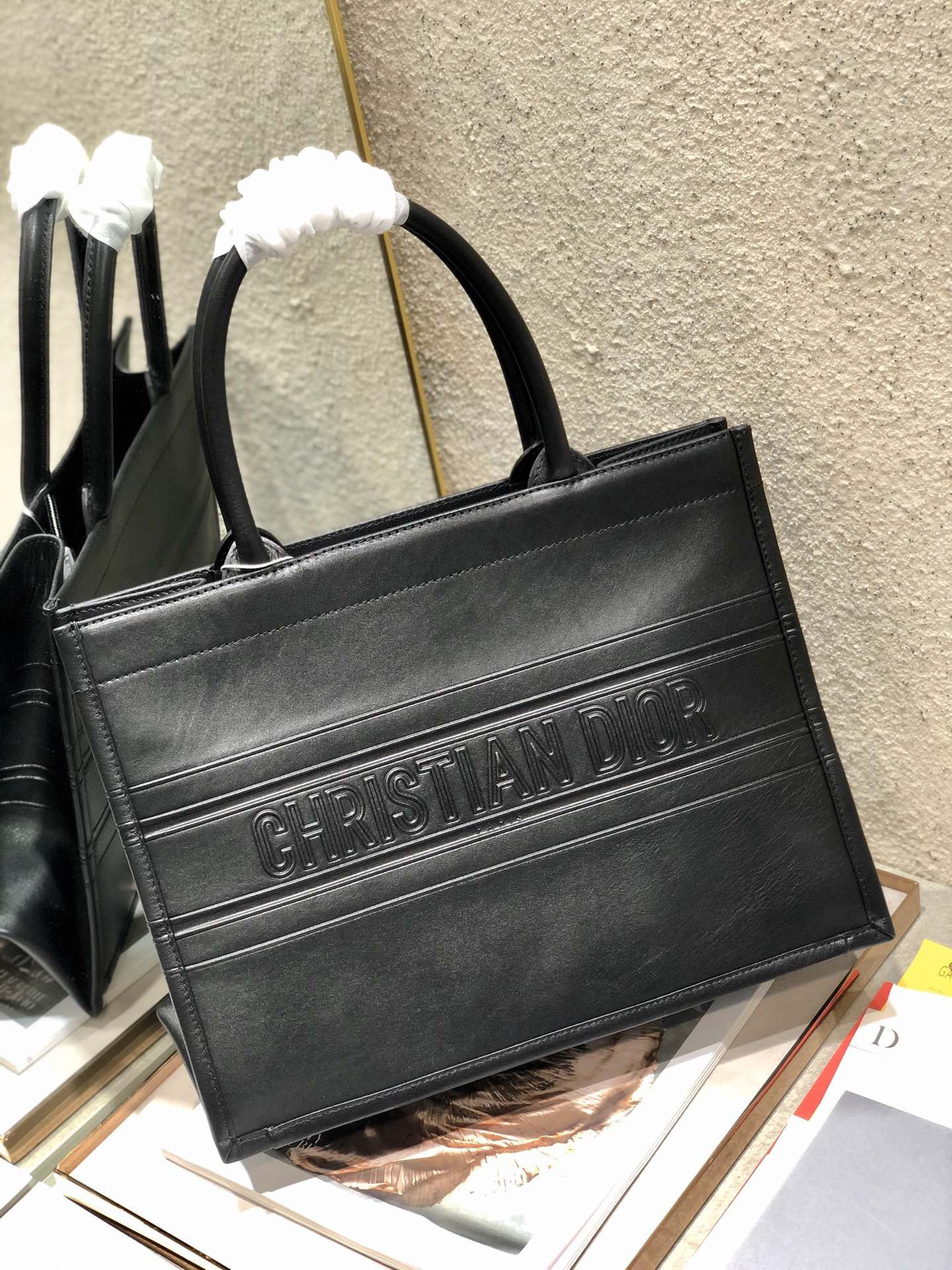 Calfskin Embossed Medium D*0r Book Tote Black 14 x 11 x 6.5 inches