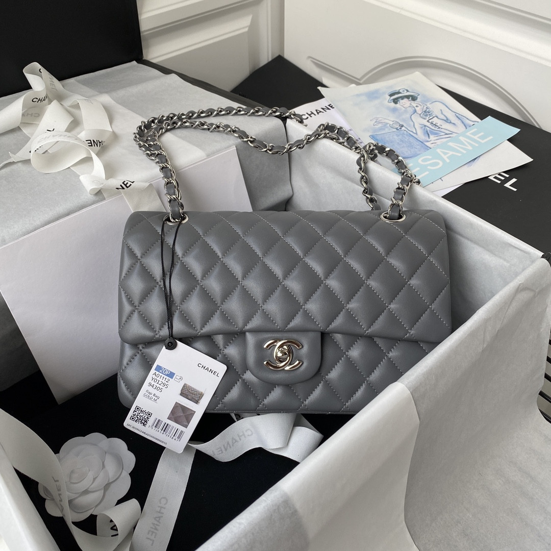 Ch*el CLASSIC HANDBAG GRAINED SHINY CALFSKIN & SILVER-TONE METAL GRAY 6 × 9.9 × 2.5 in