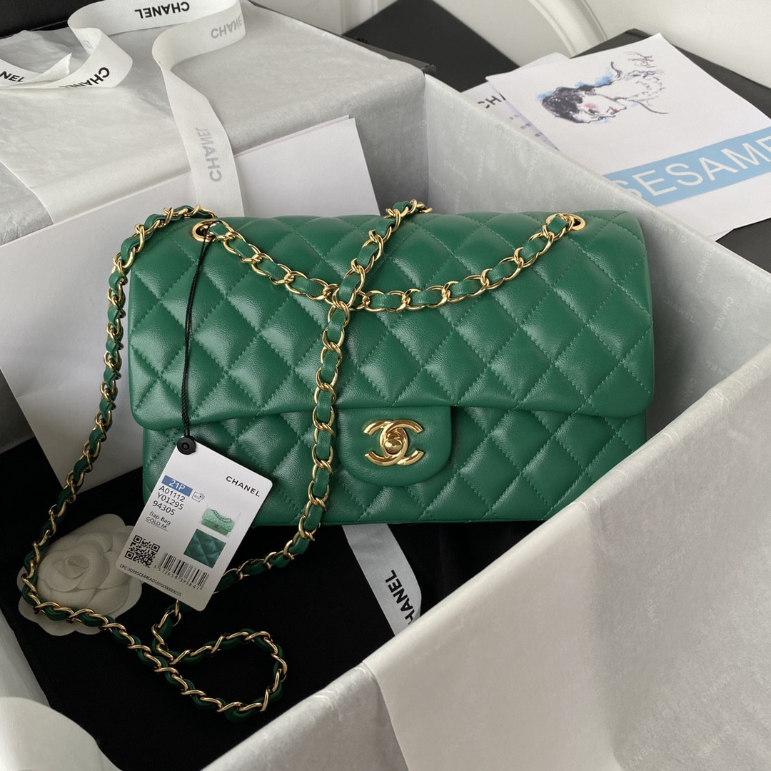 Ch*el CLASSIC HANDBAG GRAINED SHINY CALFSKIN & GOLD-TONE METAL GREEN 6 × 9.9 × 2.5 in