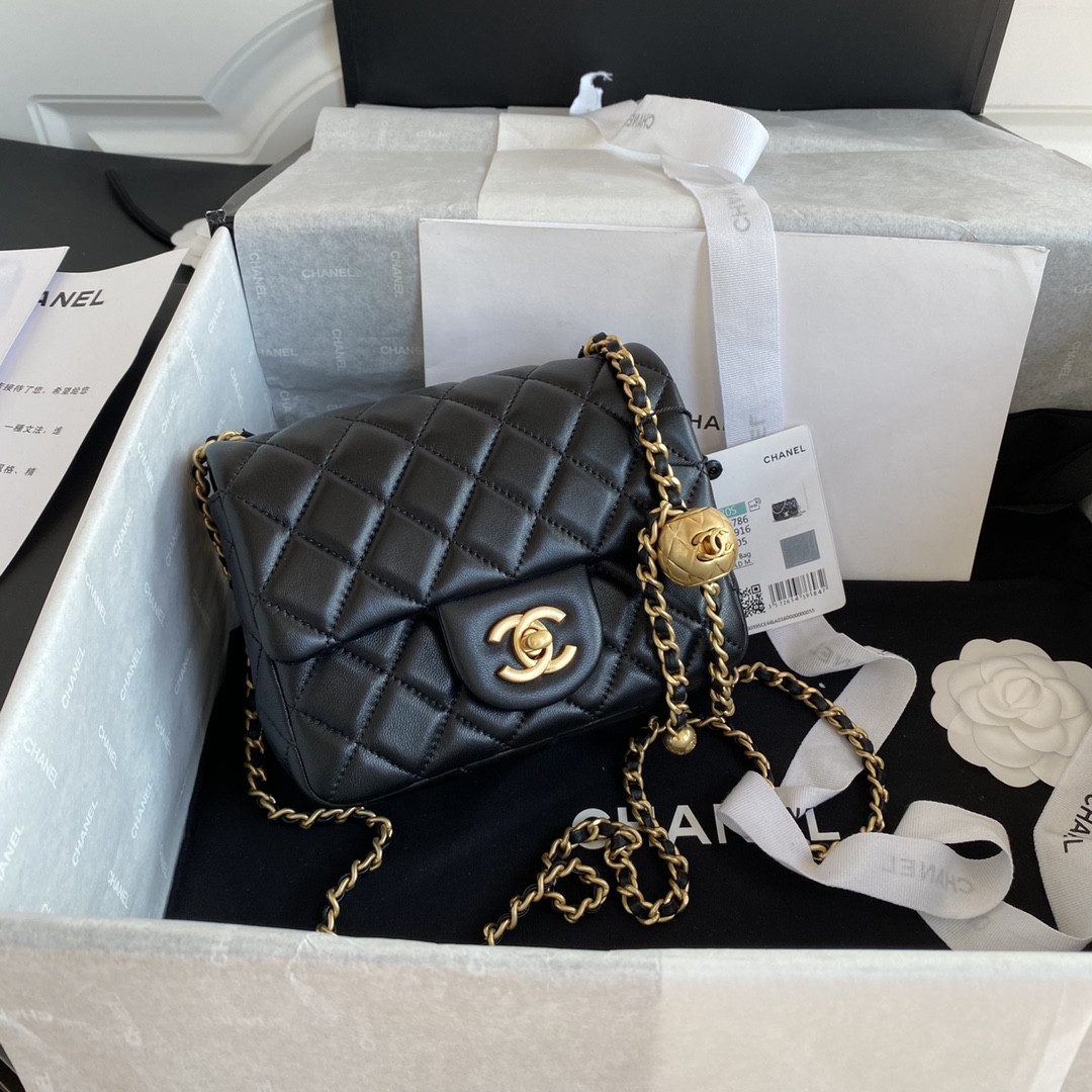 Ch*el MINI FLAP BAG SHINY CALFSKIN & Gold-Tone METAL BLACK 5.3 × 6.6 × 3.1 in