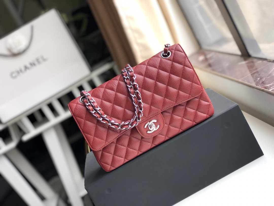 Ch*el CLASSIC HANDBAG GRAINED CALFSKIN & SILVER-TONE METAL red 6 × 9.9 × 2.5 in
