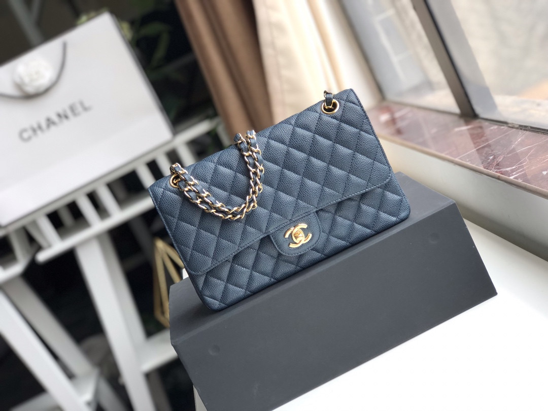 Ch*el CLASSIC HANDBAG GRAINED CALFSKIN & GOLD-TONE METAL NAVY 6 × 9.9 × 2.5 in