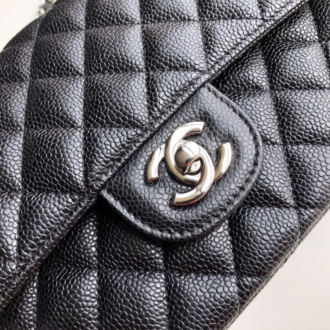 Ch*el CLASSIC HANDBAG GRAINED CALFSKIN & SILVER-TONE METAL black 6 × 9.9 × 2.5 in