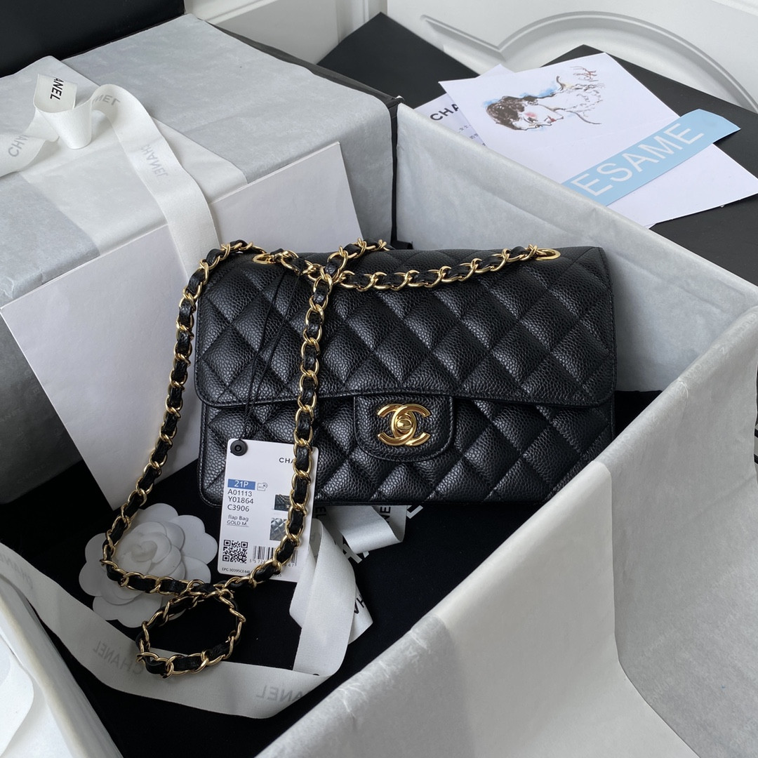 Ch*el SMALL CLASSIC HANDBAG Grained Calfskin & Gold-Tone Metal Black 5.7 × 9 × 2.3 in