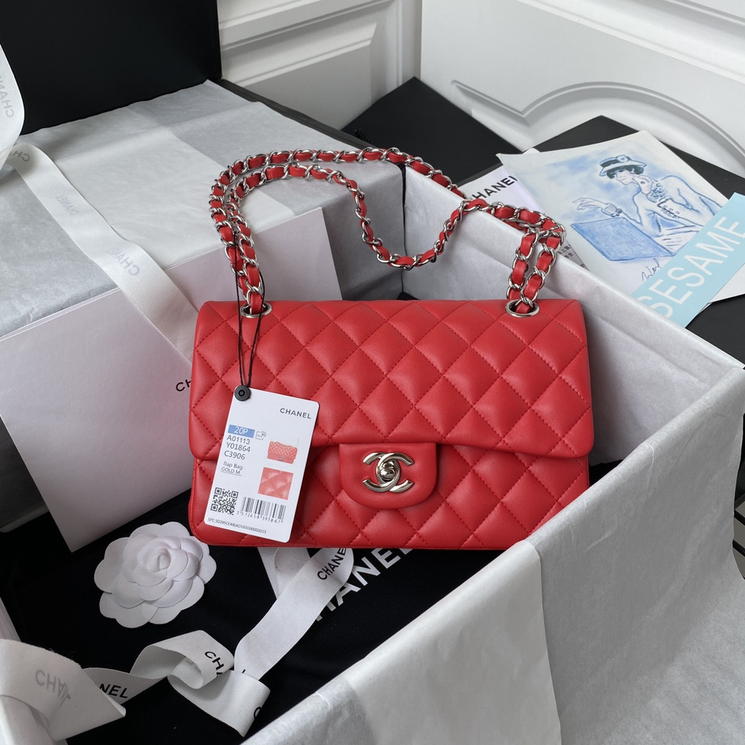 Ch*el SMALL CLASSIC HANDBAG  LAMBSKIN & SILVER-TONE METAL Red 5.7 × 9 × 2.3 IN