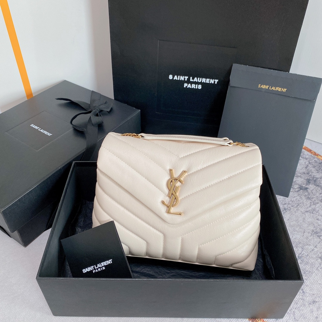 Y*L LOULOU SMALL IN QUILTED LEATHER WHITE GOLD 9 X 6.1 X 3.3 INCHES