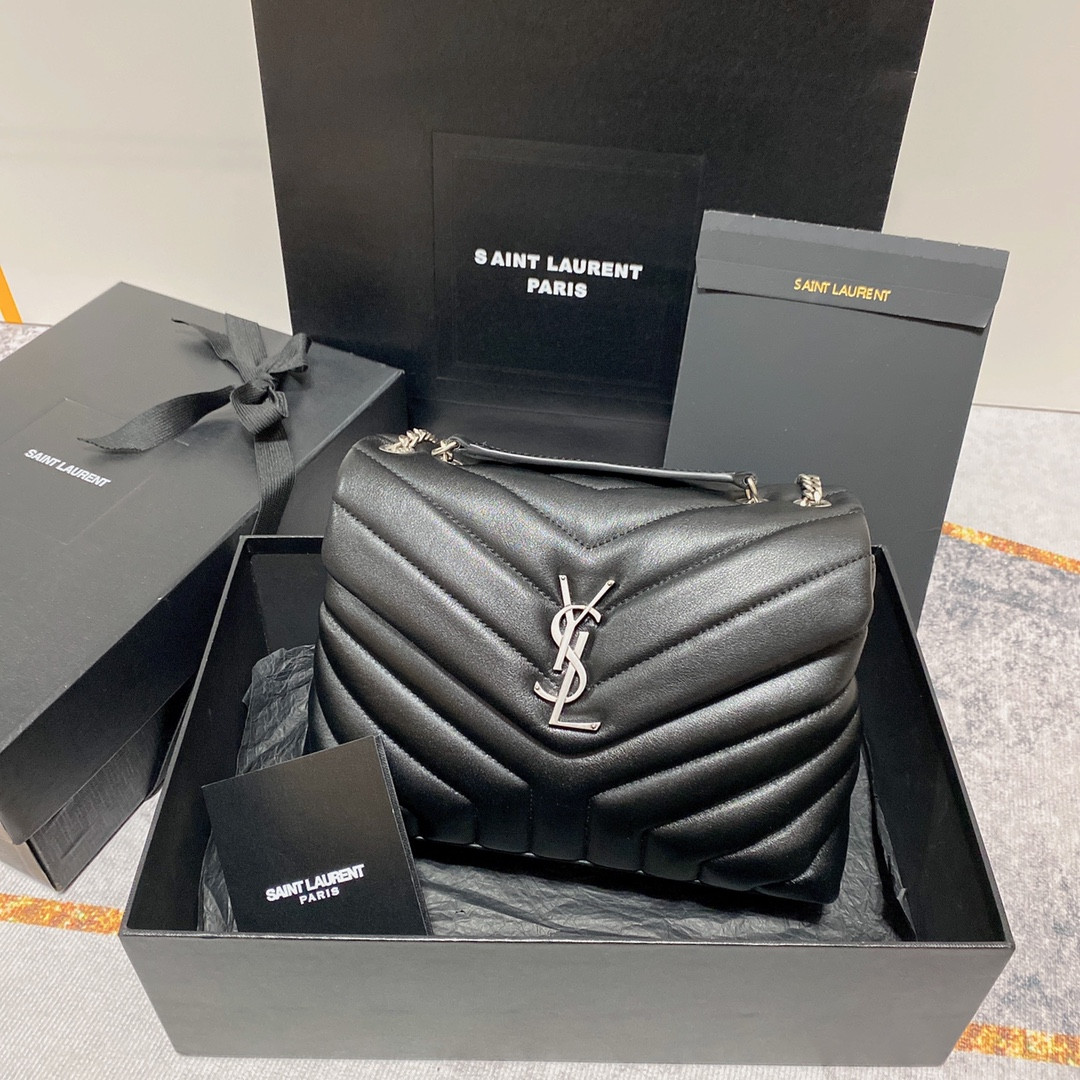 Y*L LOULOU SMALL IN QUILTED LEATHER BLACK SILVER 9 X 6.1 X 3.3 INCHES