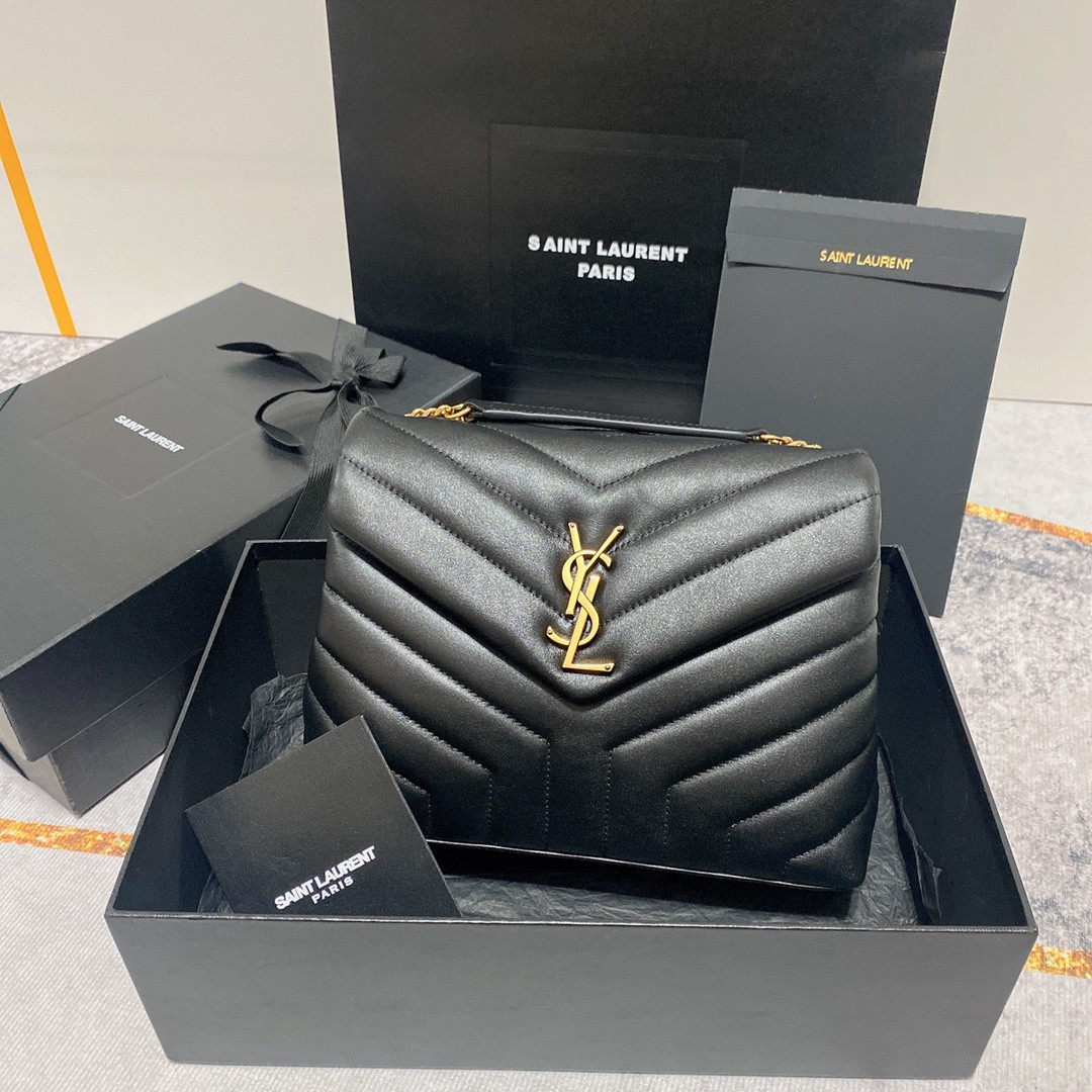 Y*L LOULOU SMALL IN QUILTED LEATHER BLACK GOLD 9 X 6.1 X 3.3 INCHES