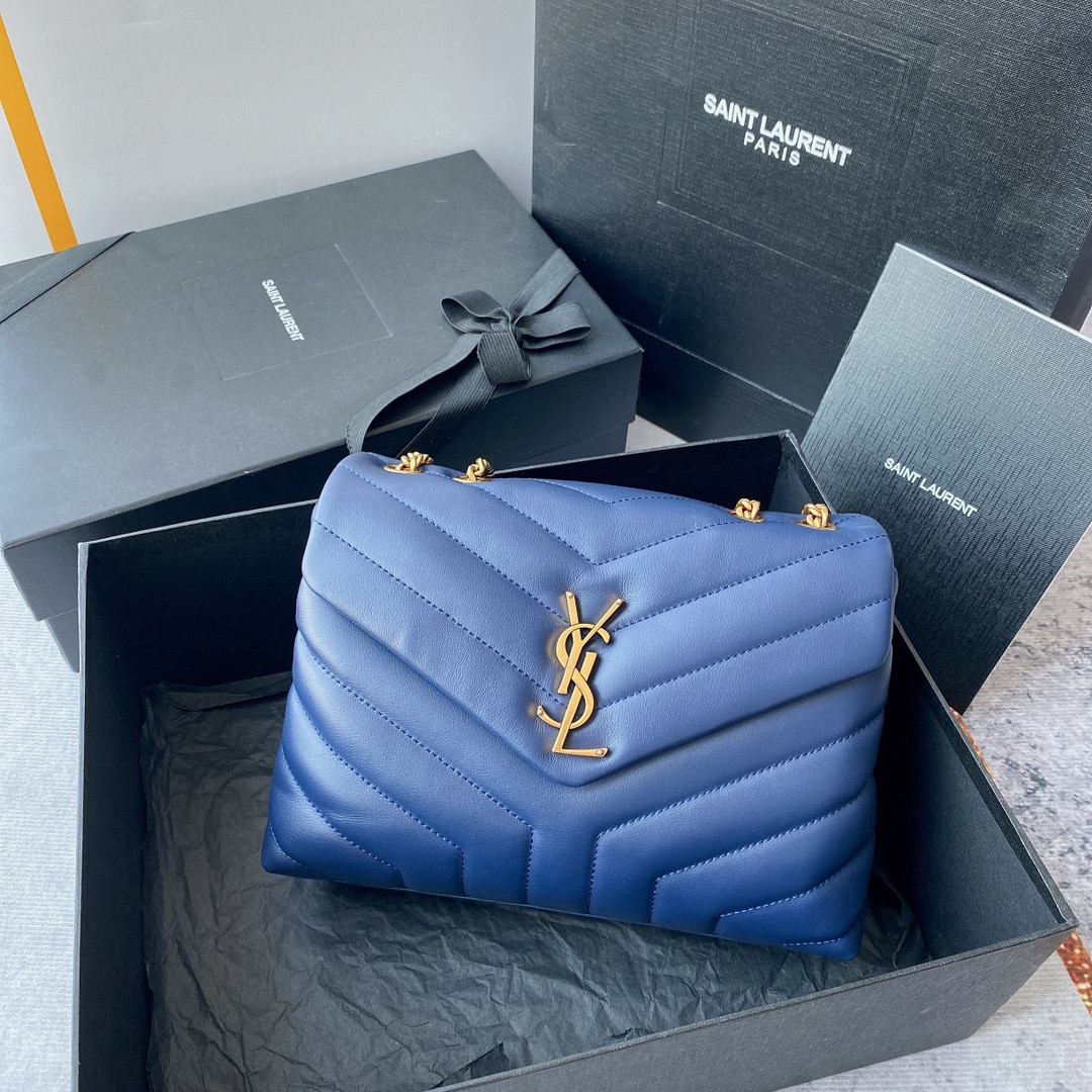 Y*L LOULOU SMALL IN QUILTED LEATHER BLUE GOLD 9 X 6.1 X 3.3 INCHES