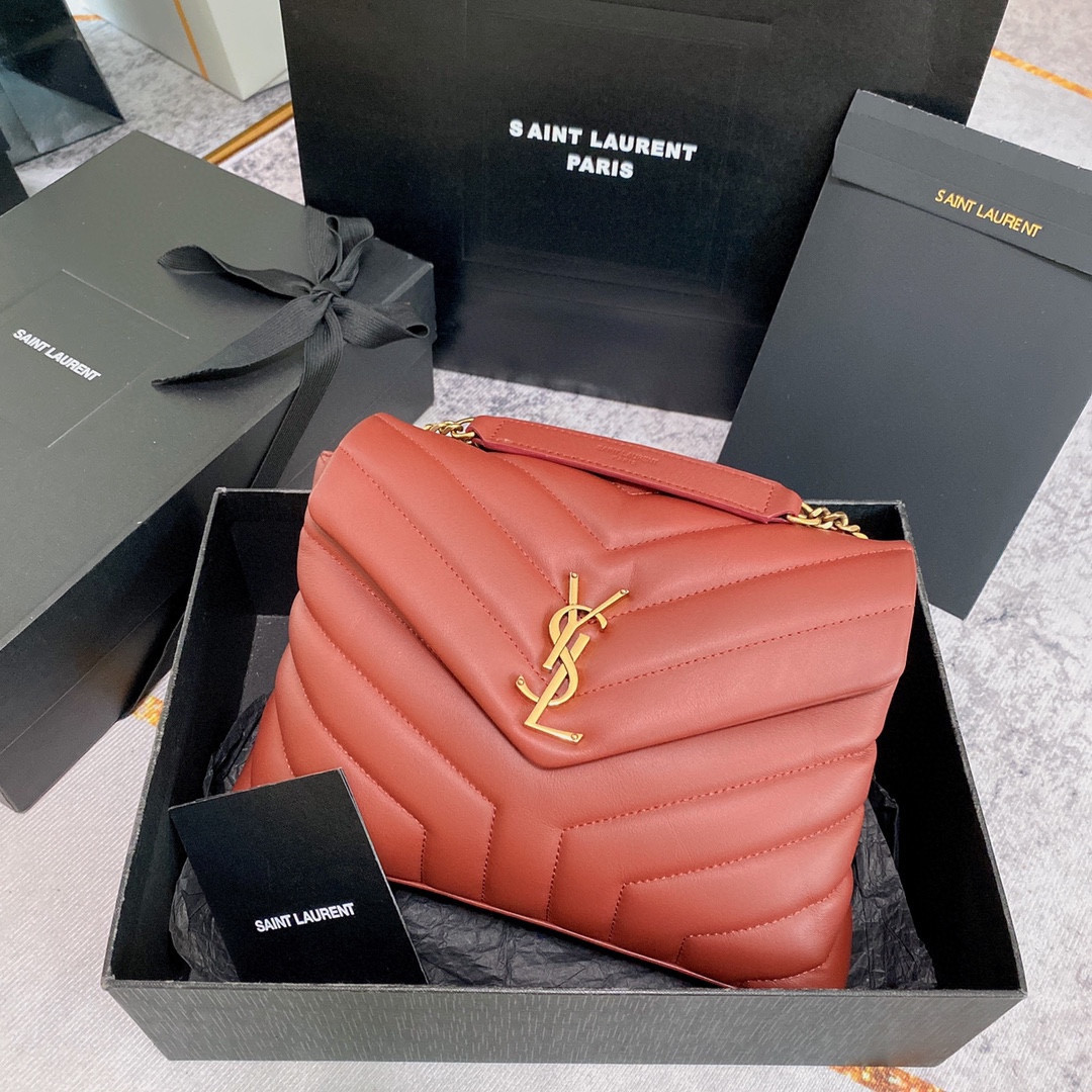 Y*L LOULOU SMALL IN QUILTED LEATHER RED GOLD 9 X 6.1 X 3.3 INCHES