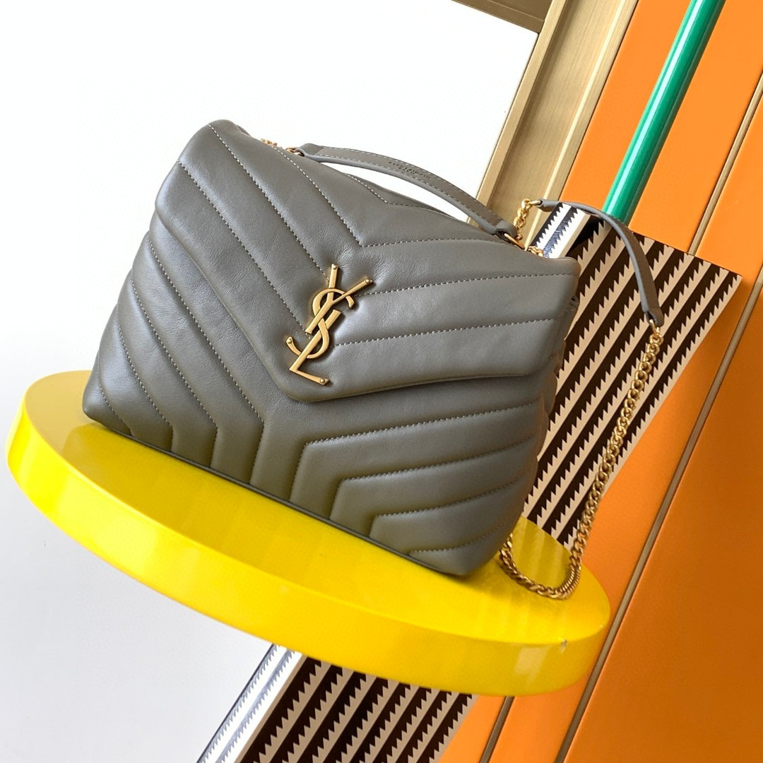 Y*L LOULOU SMALL IN QUILTED LEATHER GRAY GOLD 9 X 6.1 X 3.3 INCHES