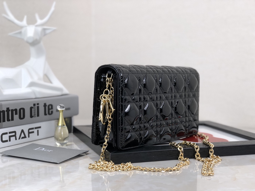 Lady D*0r Pouch  Black Patent Cannage Calfskin 8.5 x 4.5 x 1 inches
