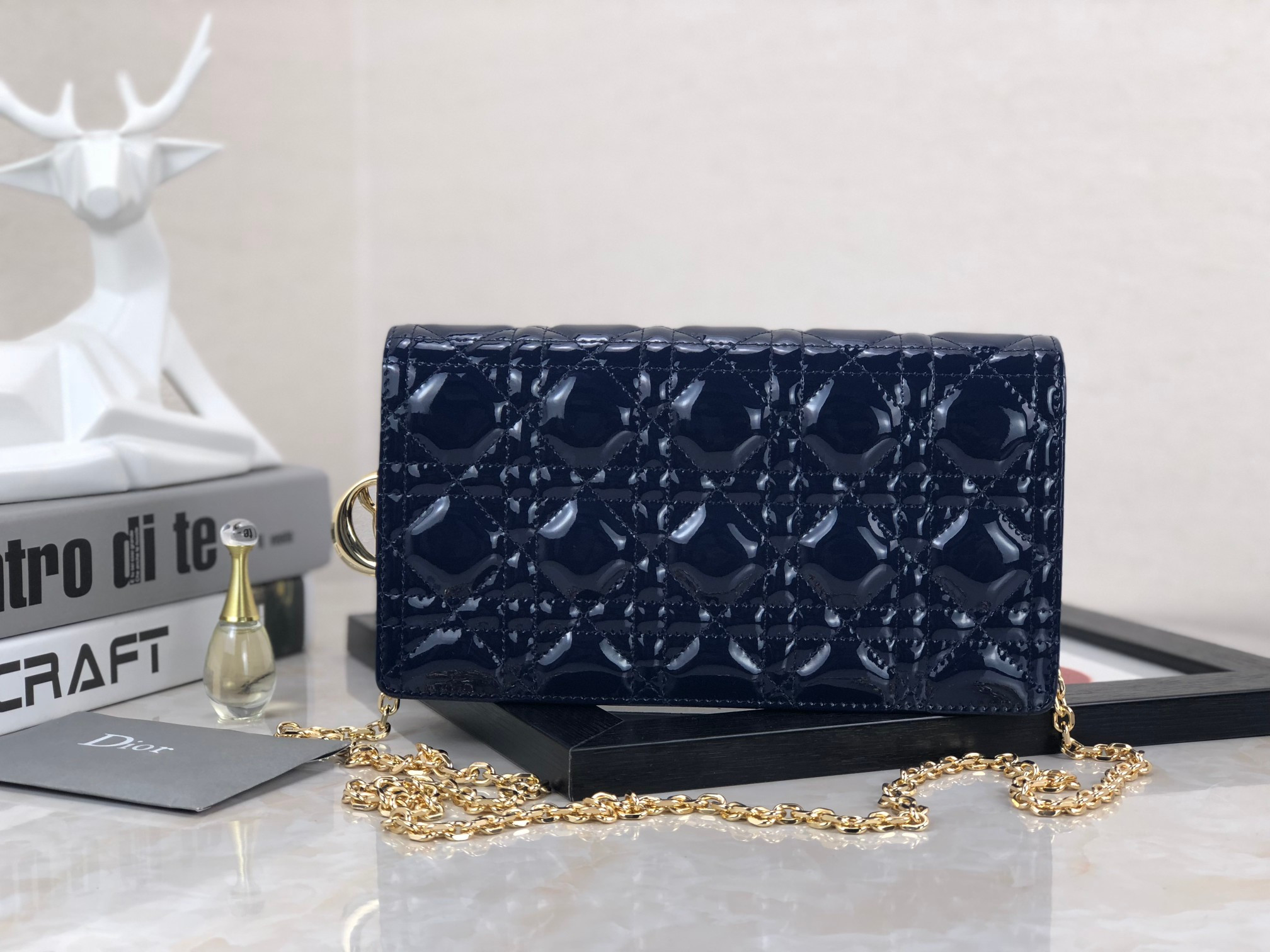 Lady D*0r Pouch  Navy Patent Cannage Calfskin 8.5 x 4.5 x 1 inches
