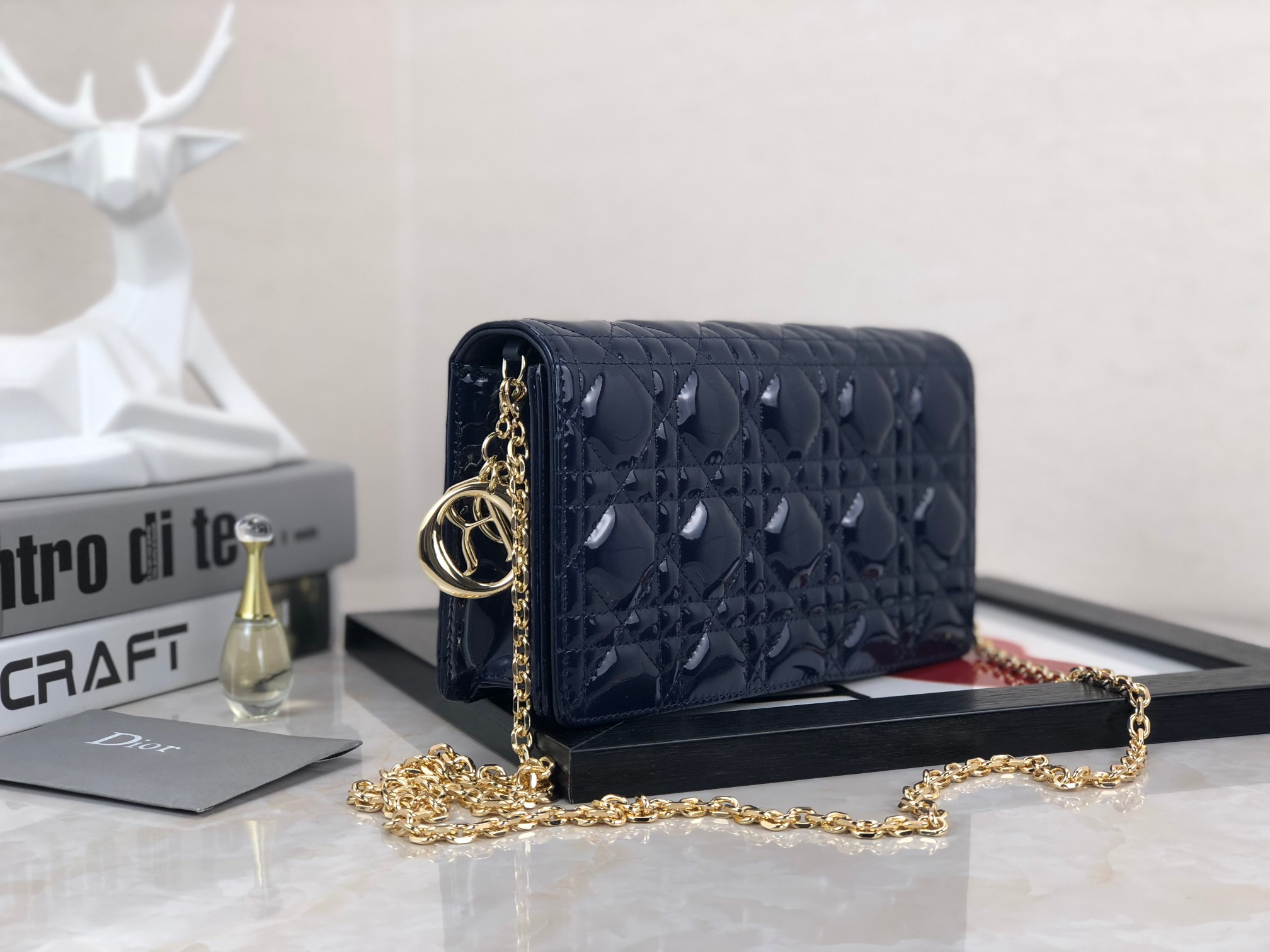 Lady D*0r Pouch  Navy Patent Cannage Calfskin 8.5 x 4.5 x 1 inches