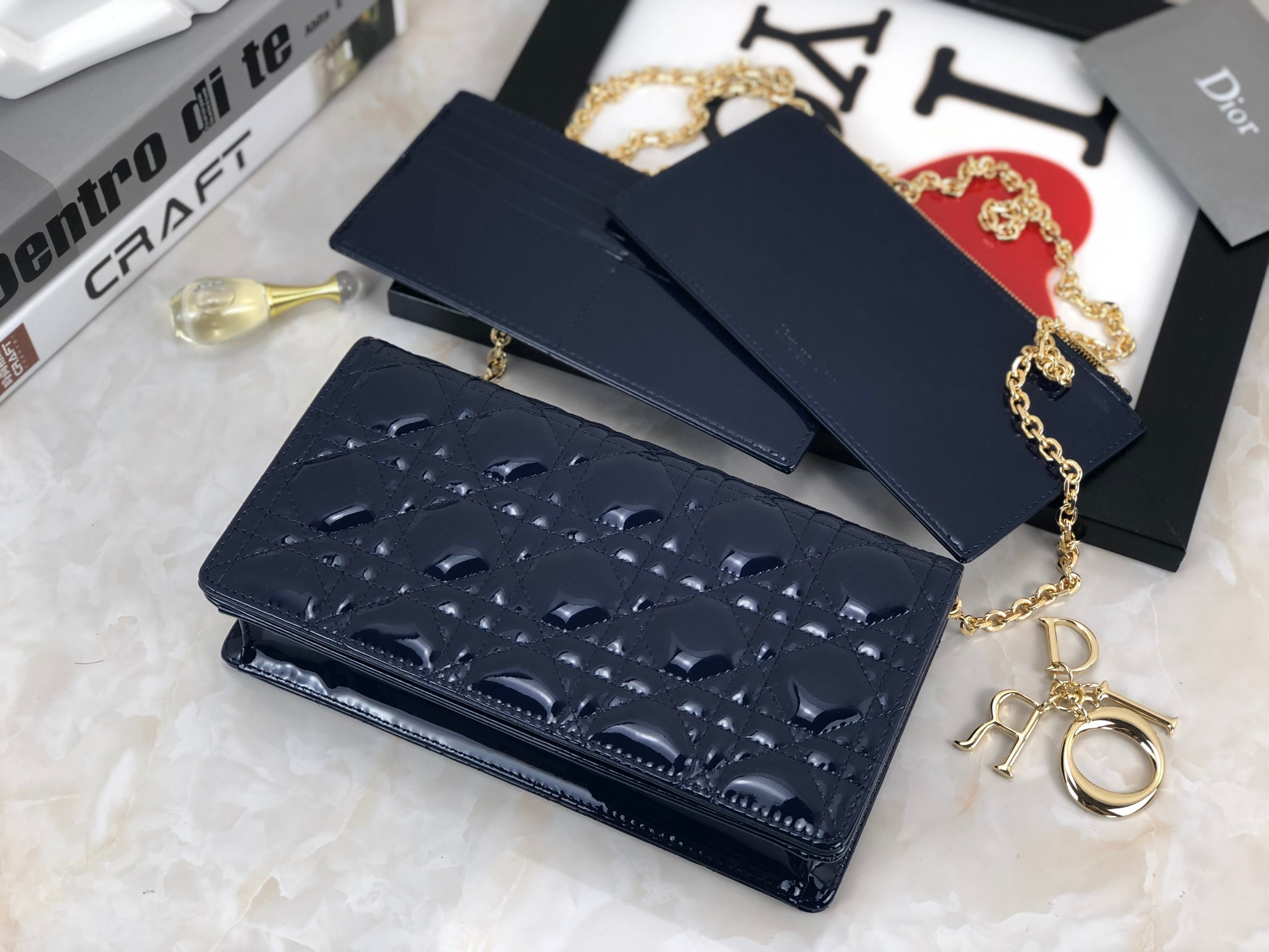 Lady D*0r Pouch  Navy Patent Cannage Calfskin 8.5 x 4.5 x 1 inches