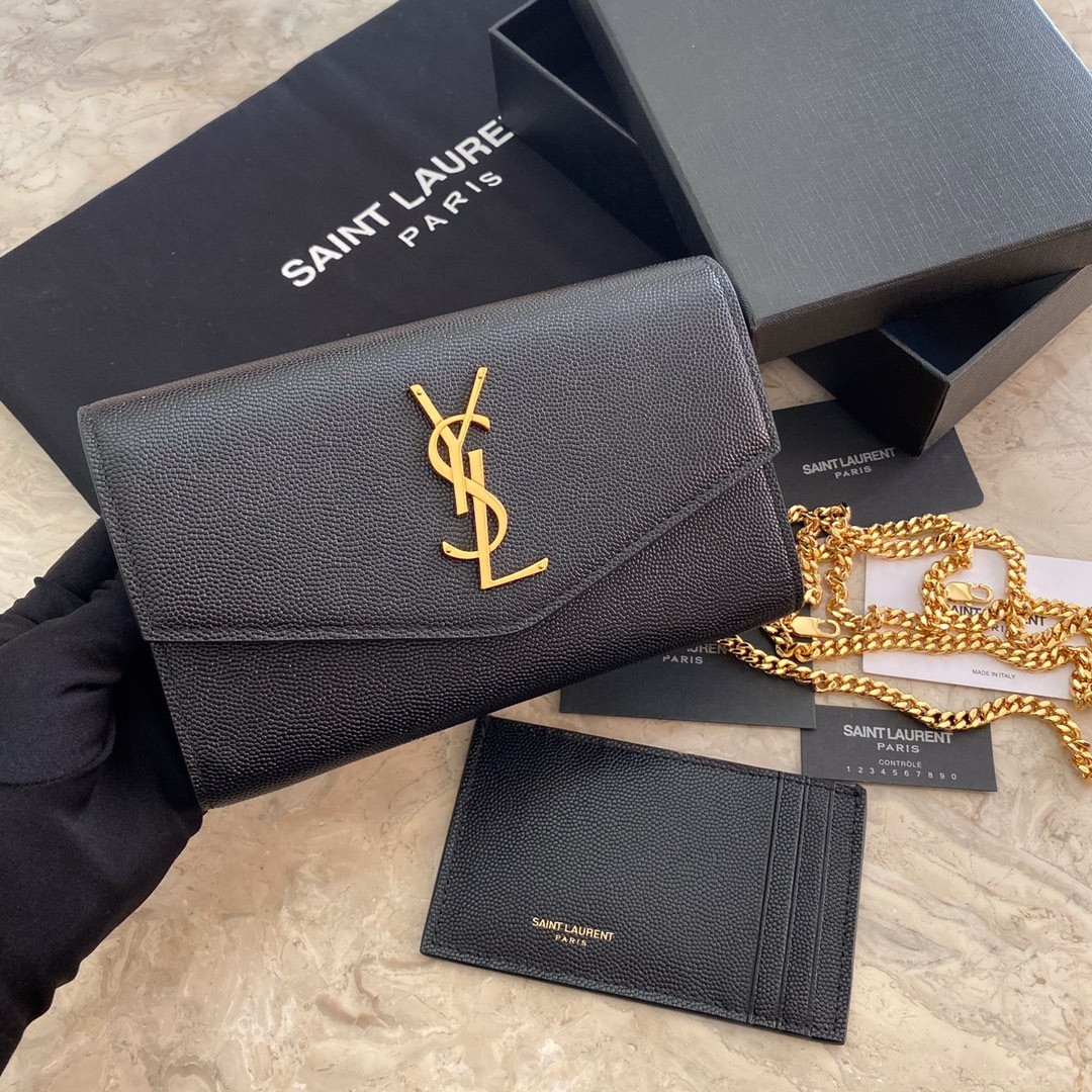 Y*L UPTOWN CHAIN WALLET IN GRAIN DE POUDRE EMBOSSED LEATHER BLACK 7.5 X 4.7 X 1.2 INCHES