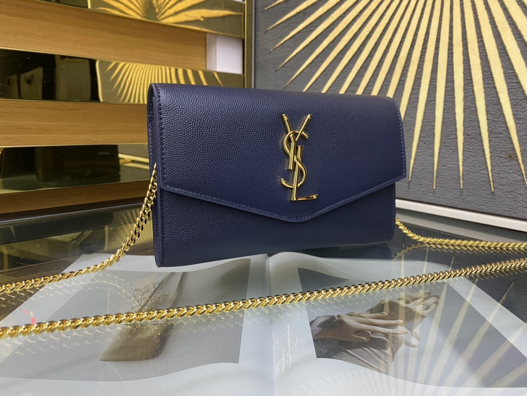 Y*L UPTOWN CHAIN WALLET IN GRAIN DE POUDRE EMBOSSED LEATHER NAVY 7.5 X 4.7 X 1.2 INCHES
